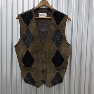 Brandon Thomas Diamond Wool Leather Vest Mens Small Brown Grey Western 70s